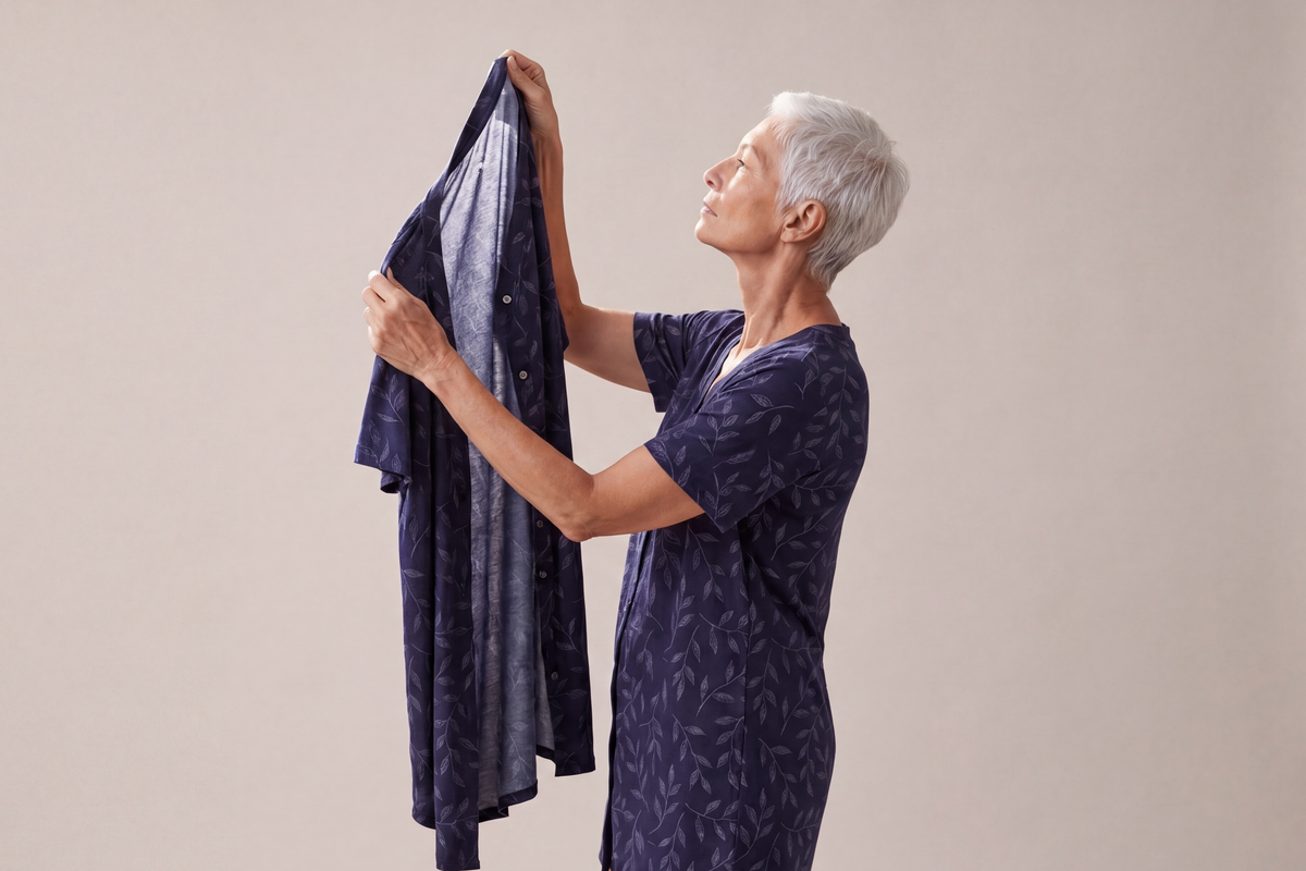Woman holding up a navy NightCool snap front nightshirt