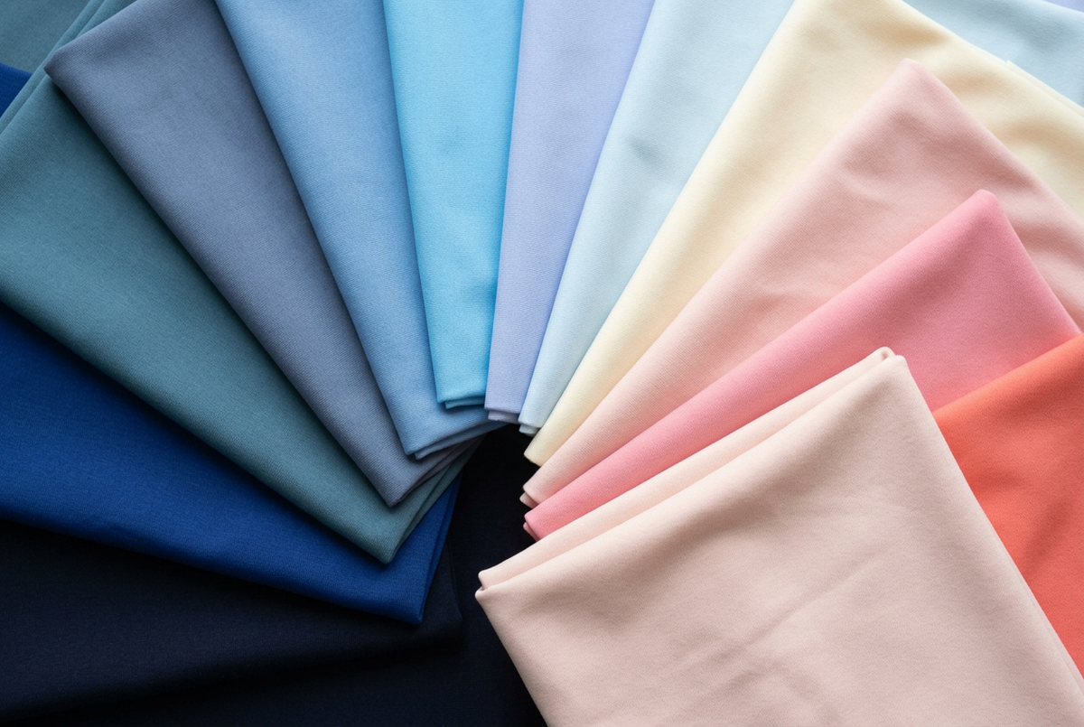 NightCool fabric swatches fanned out in blues and warm tones